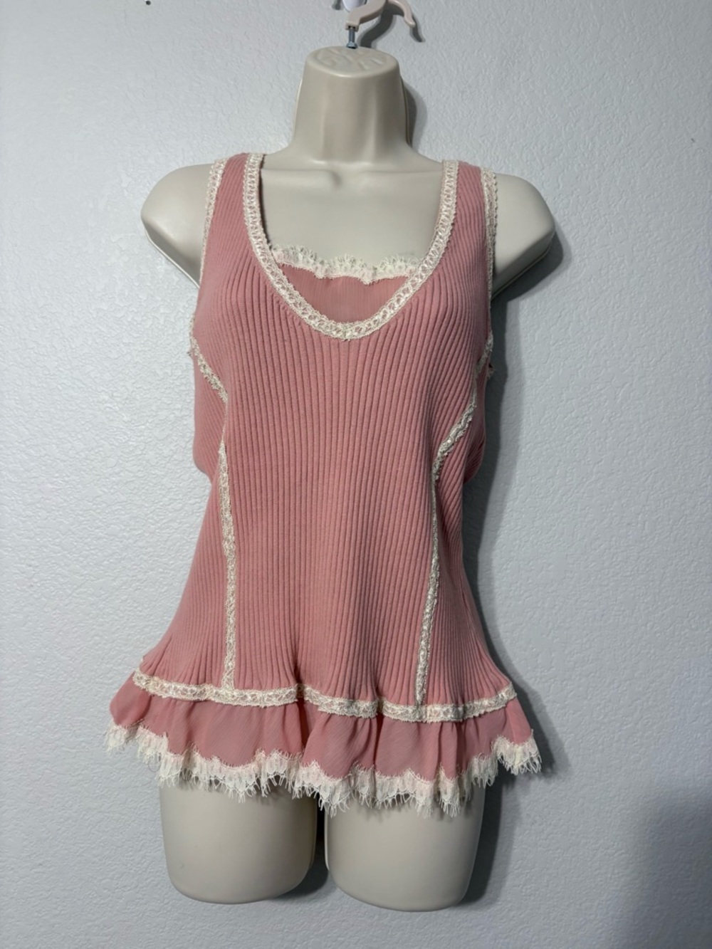 Women's‎ Kenar Dusty Rose Lace-Trim Cotton Spandex Ribbed Tank Top L